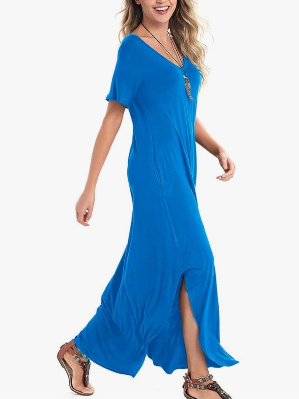Chic Nation V-Neck Blue Maxi Dress with Side Slit